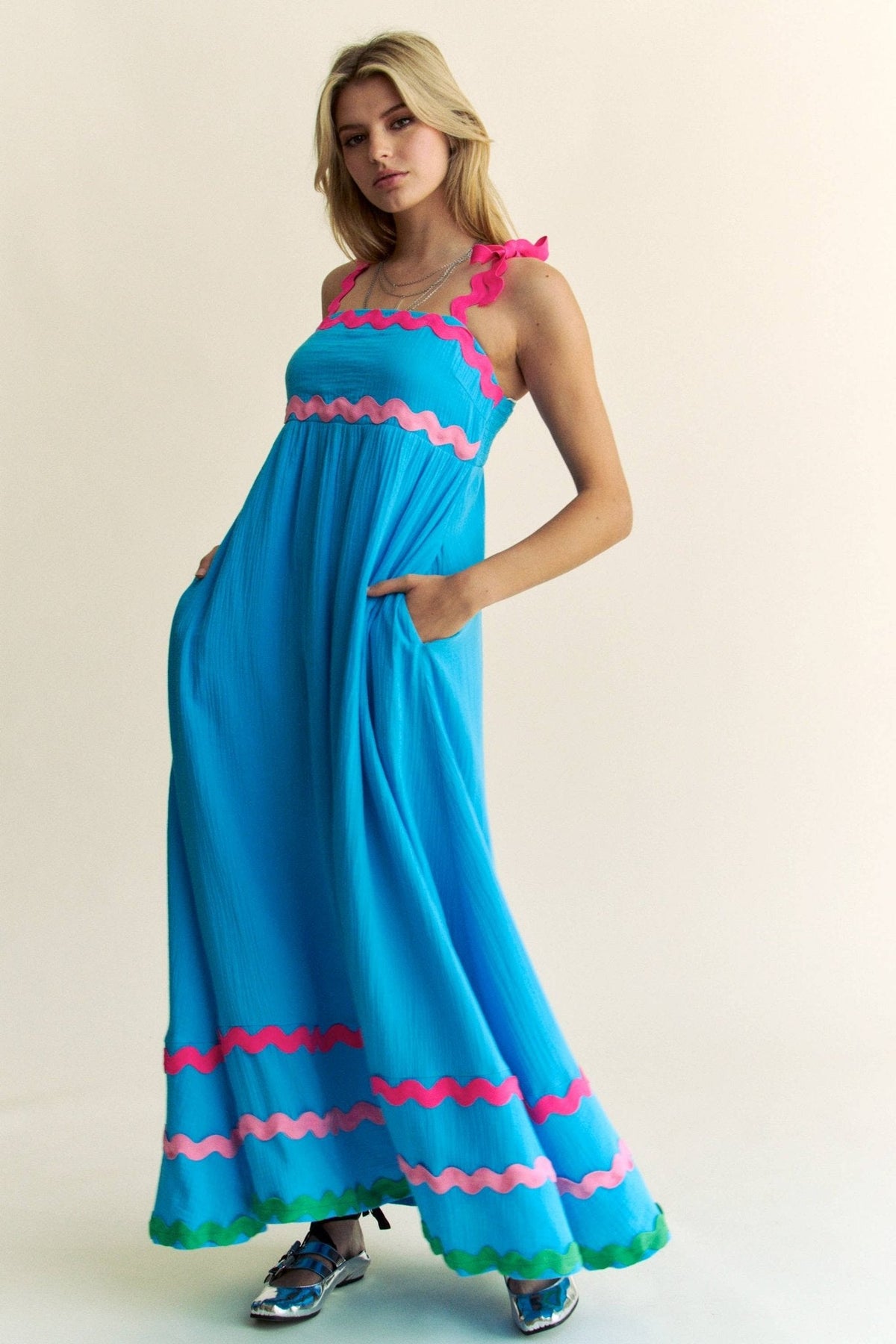 Ric Rac Tie Shoulder Maxi Dress- Blue/Pink
