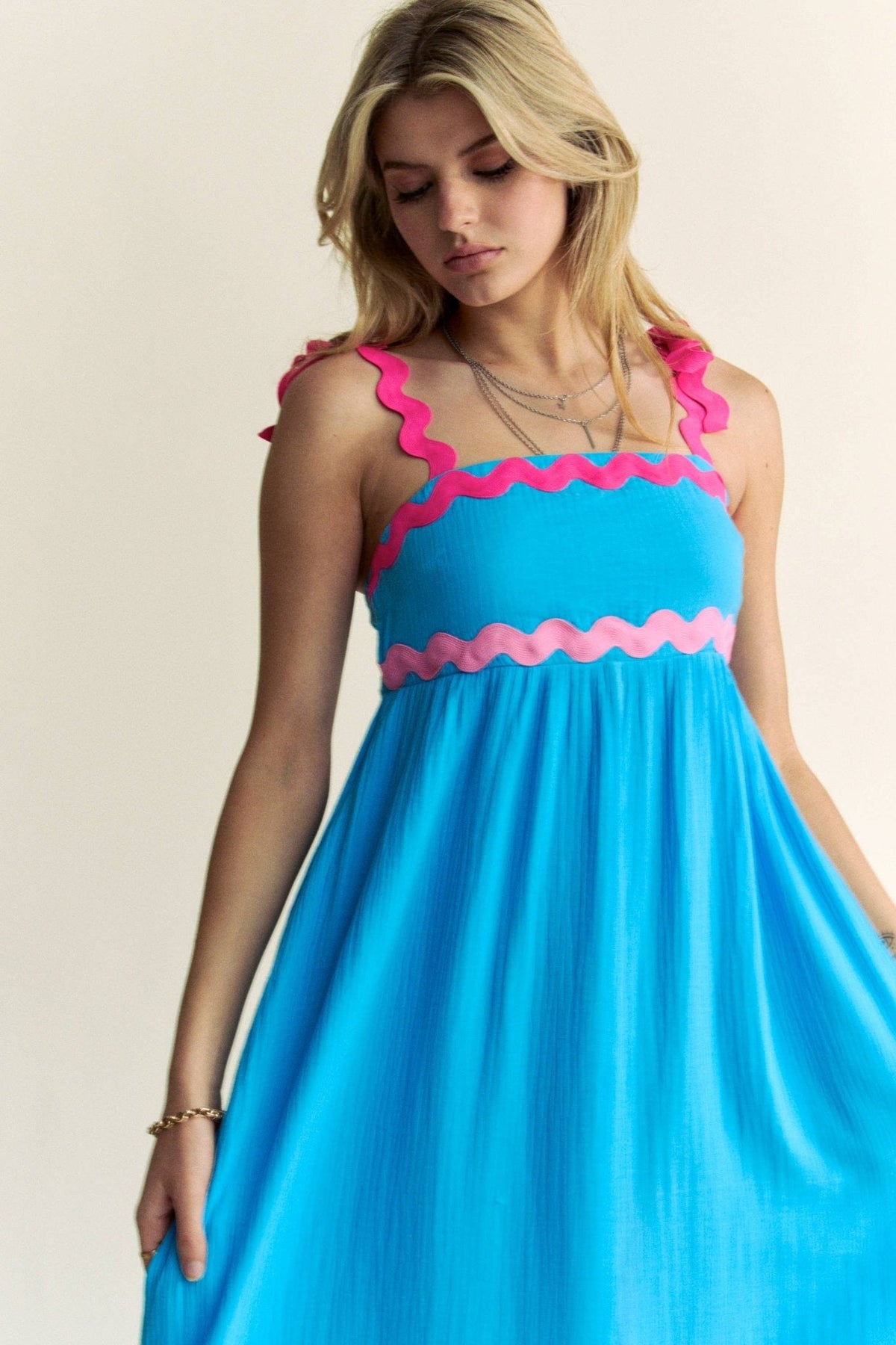 Ric Rac Tie Shoulder Maxi Dress- Blue/Pink