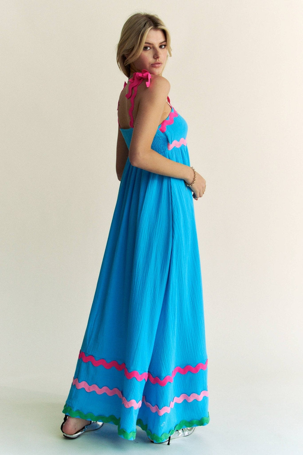 Ric Rac Tie Shoulder Maxi Dress- Blue/Pink