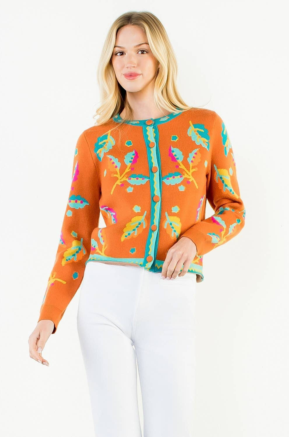 Collarless Long Sleeve Button Down Sweater