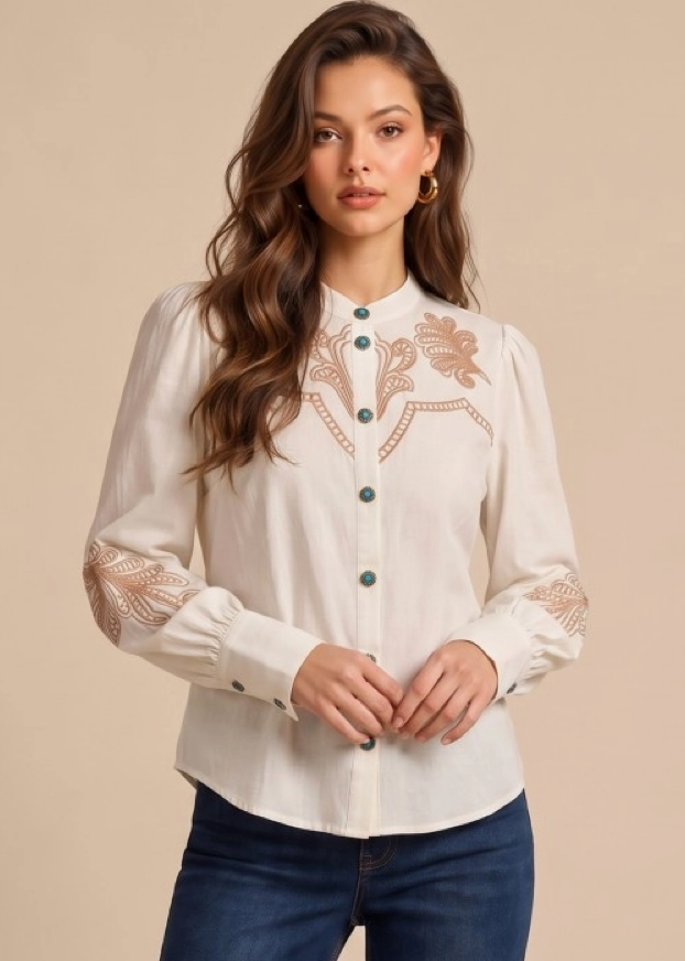 Embroidered Button Up Top- Cream