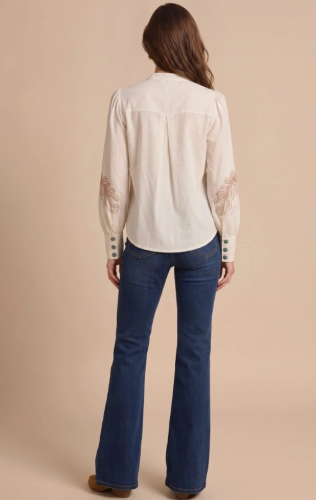 Embroidered Button Up Top- Cream