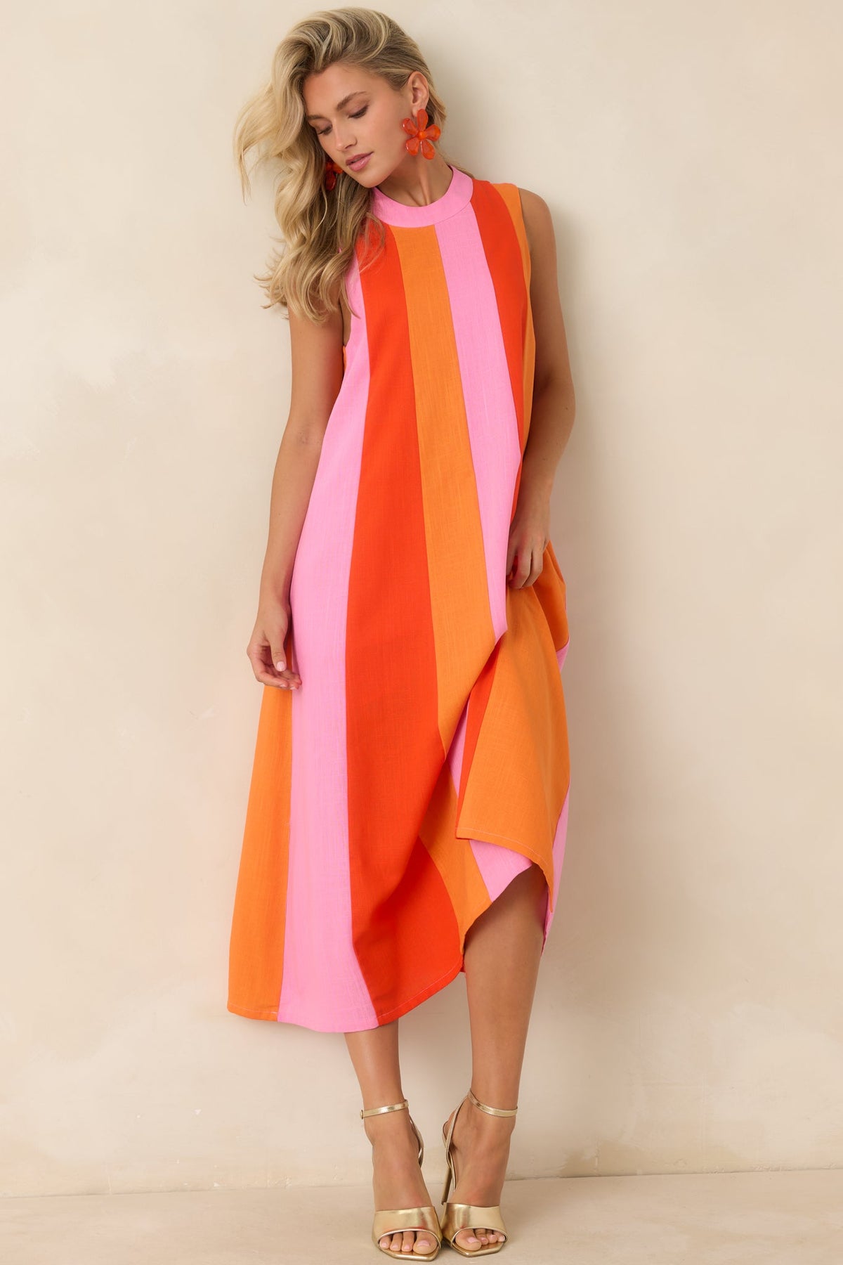 Sleeveless Colorblock Maxi Dress- Pink/Red/Orange
