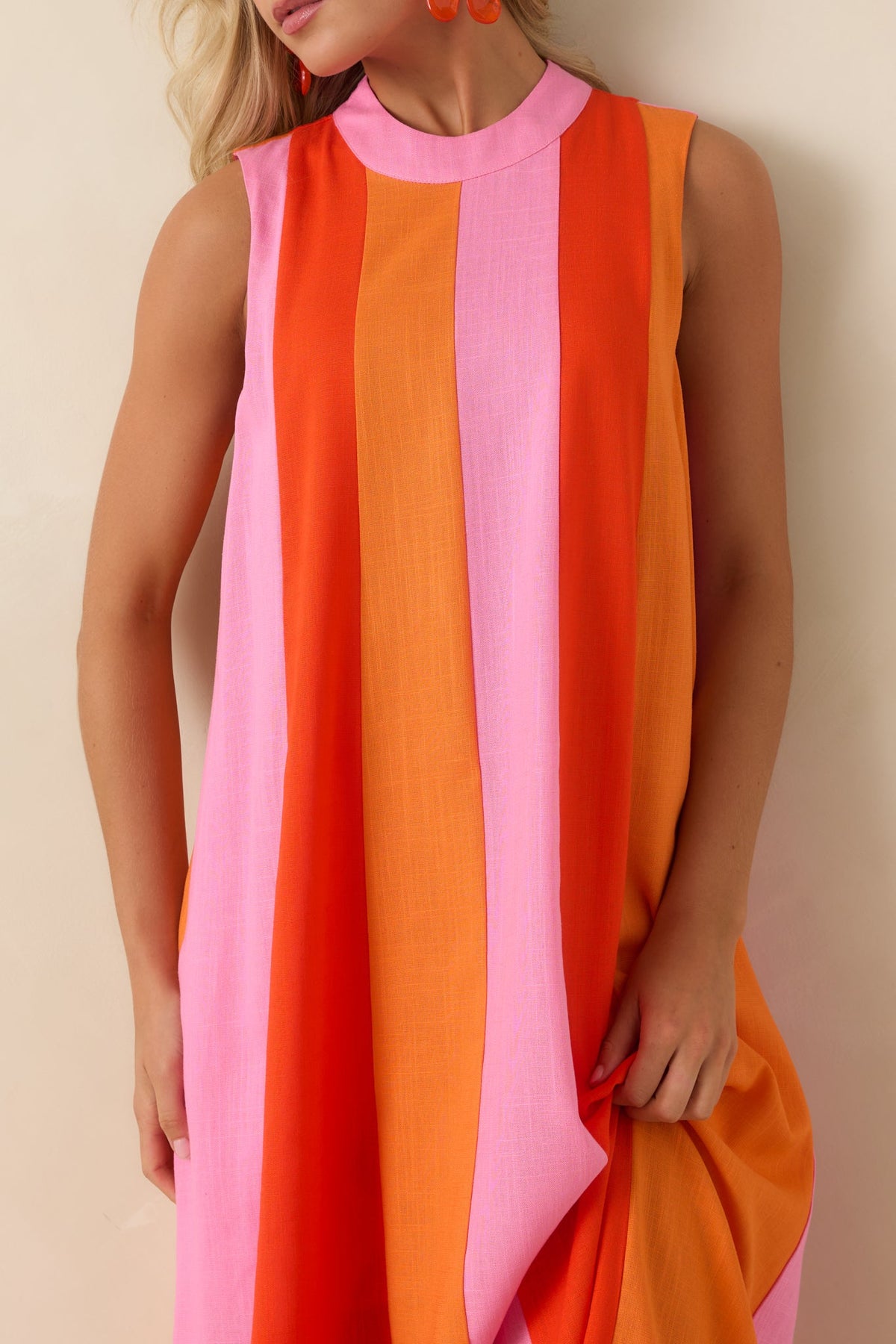 Sleeveless Colorblock Maxi Dress- Pink/Red/Orange