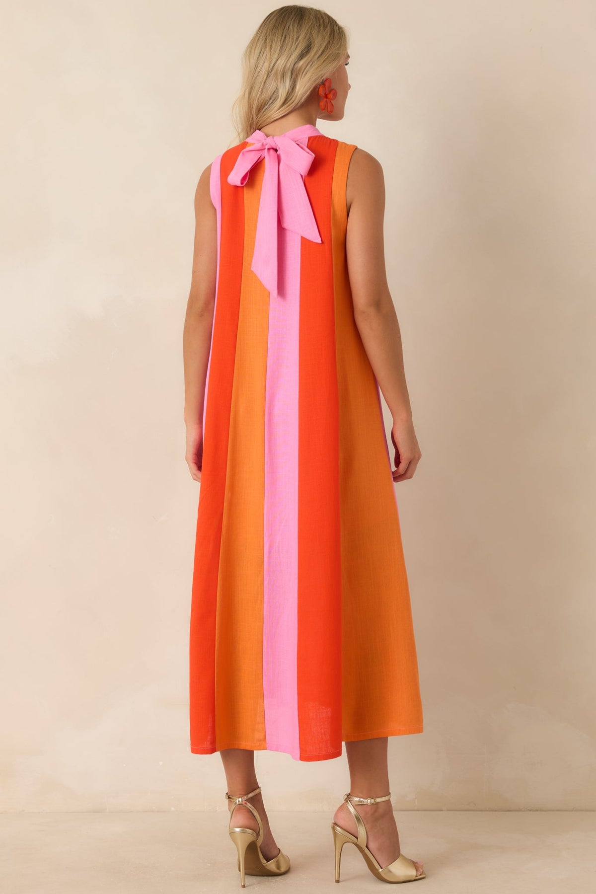 Sleeveless Colorblock Maxi Dress- Pink/Red/Orange