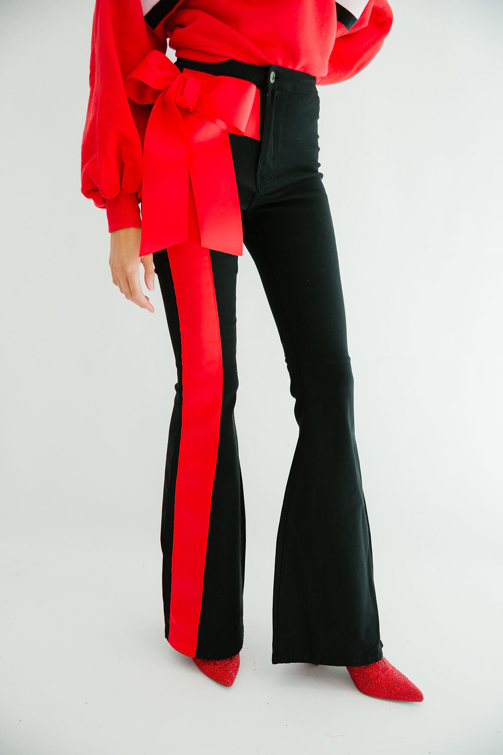 Flare Bow Bell Bottoms Pants- Black/Red