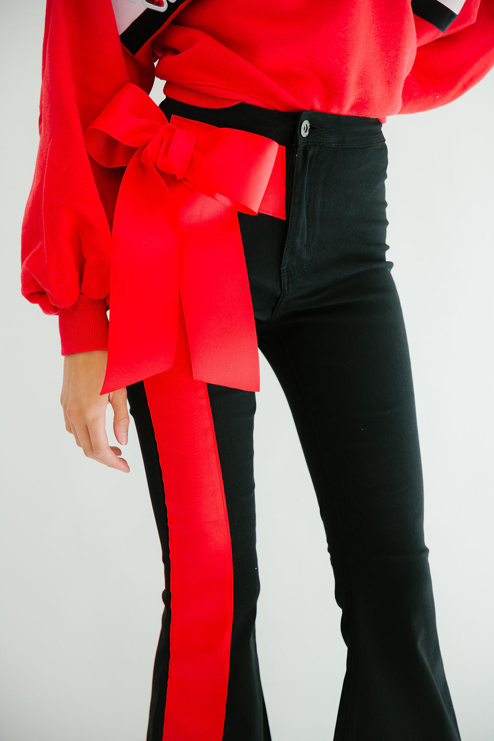 Flare Bow Bell Bottoms Pants- Black/Red