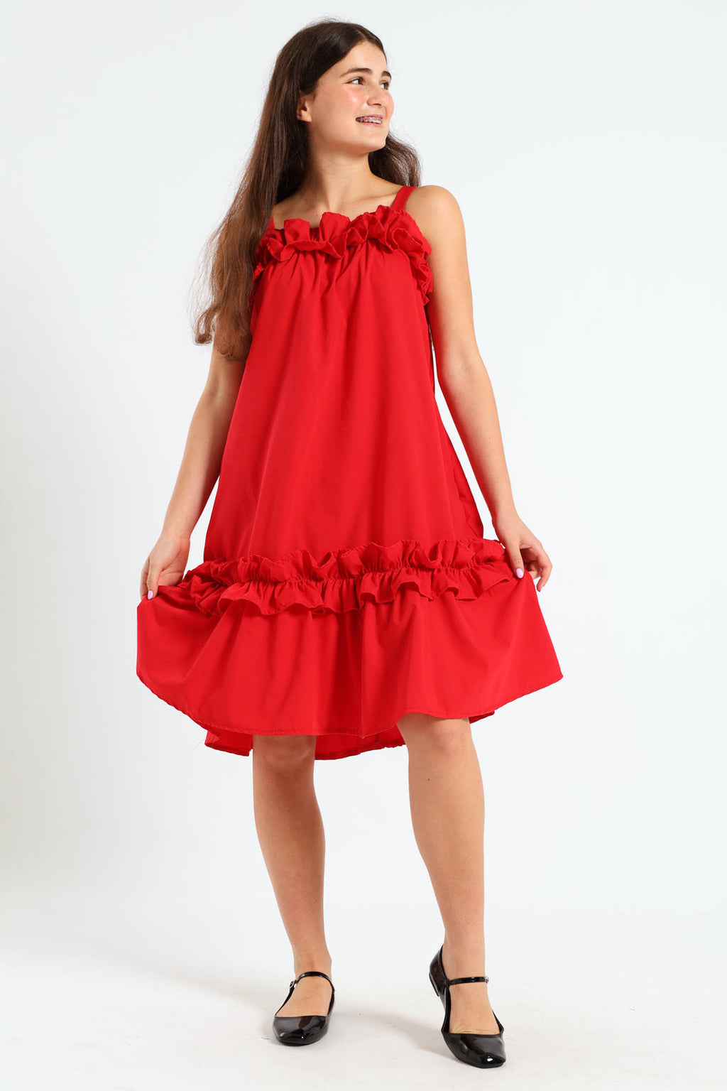 Tie Shoulder Ruffle Trim Dress- Red