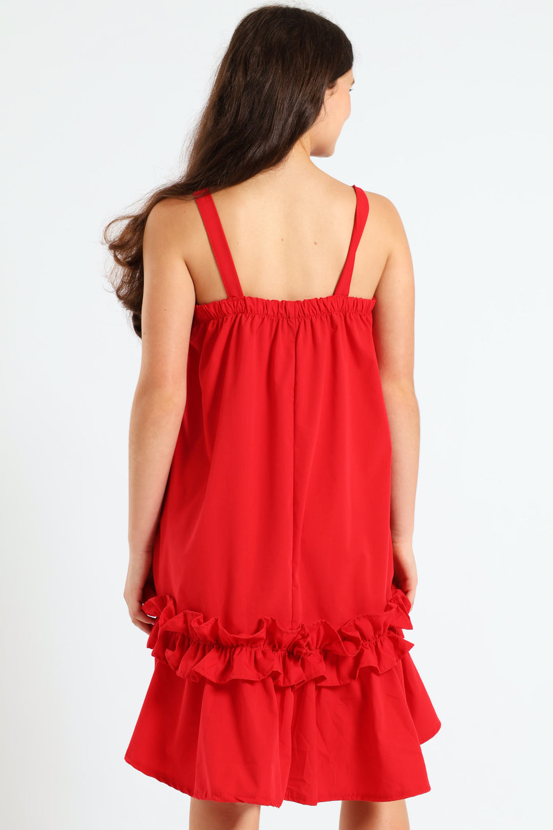 Tie Shoulder Ruffle Trim Dress- Red