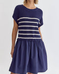 Pleated Stripe Dress- Navy