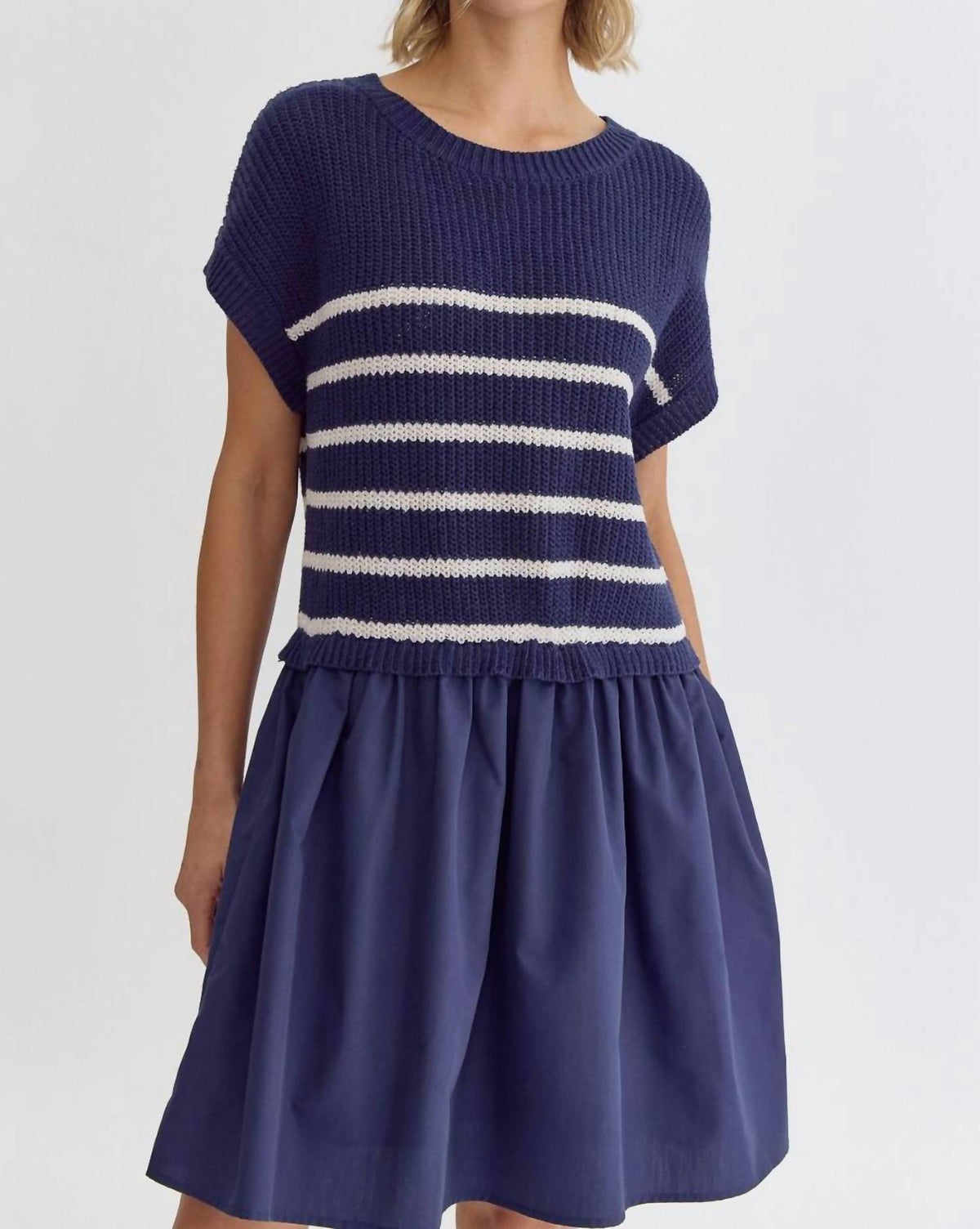 Pleated Stripe Dress- Navy