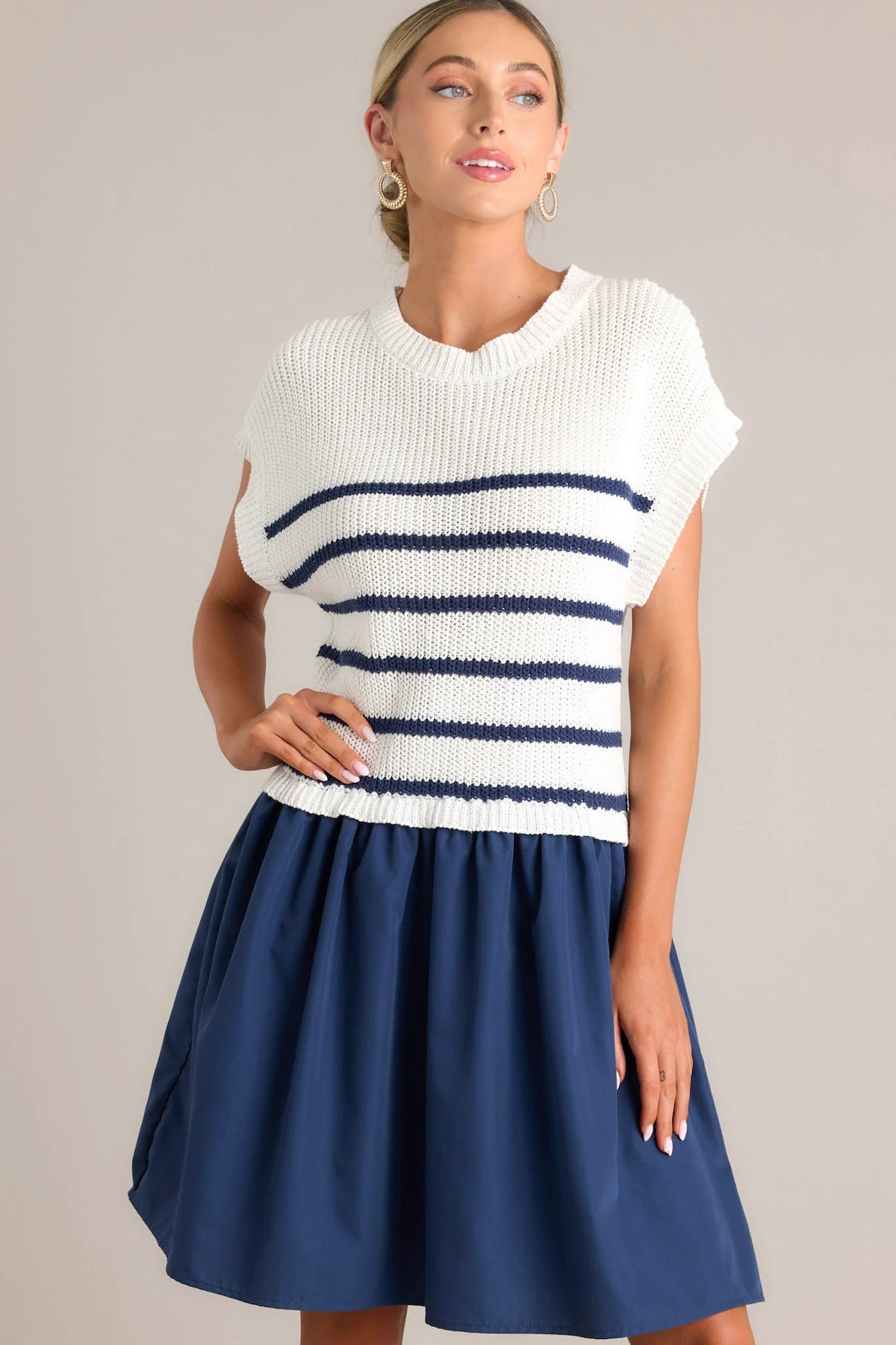 Pleated Stripe Dress - White