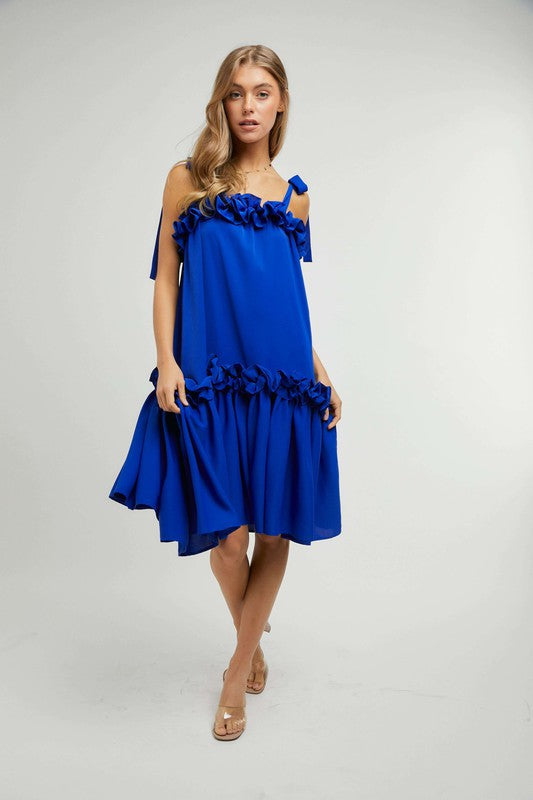 Tie Shoulder Ruffle Trim Dress- Blue