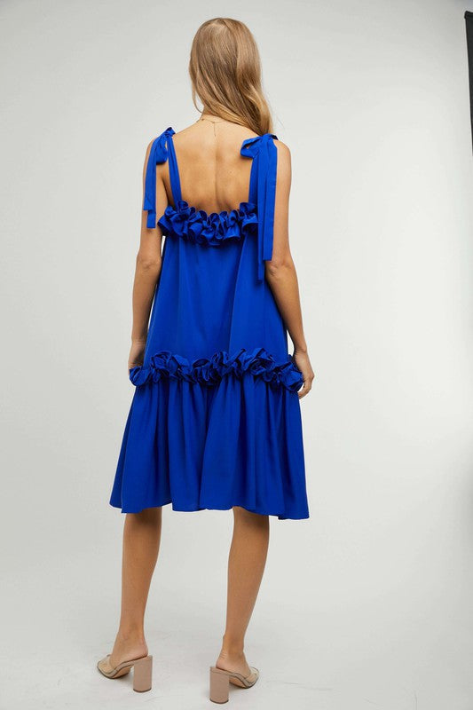 Tie Shoulder Ruffle Trim Dress- Blue