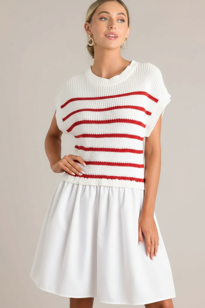 Pleated Stripe Dress- Red