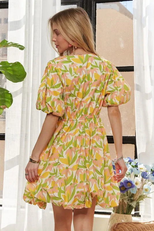 Floral Bubble Hem Dress- Yellow