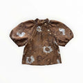 Textured Floral Puff Sleeve Top- Brown