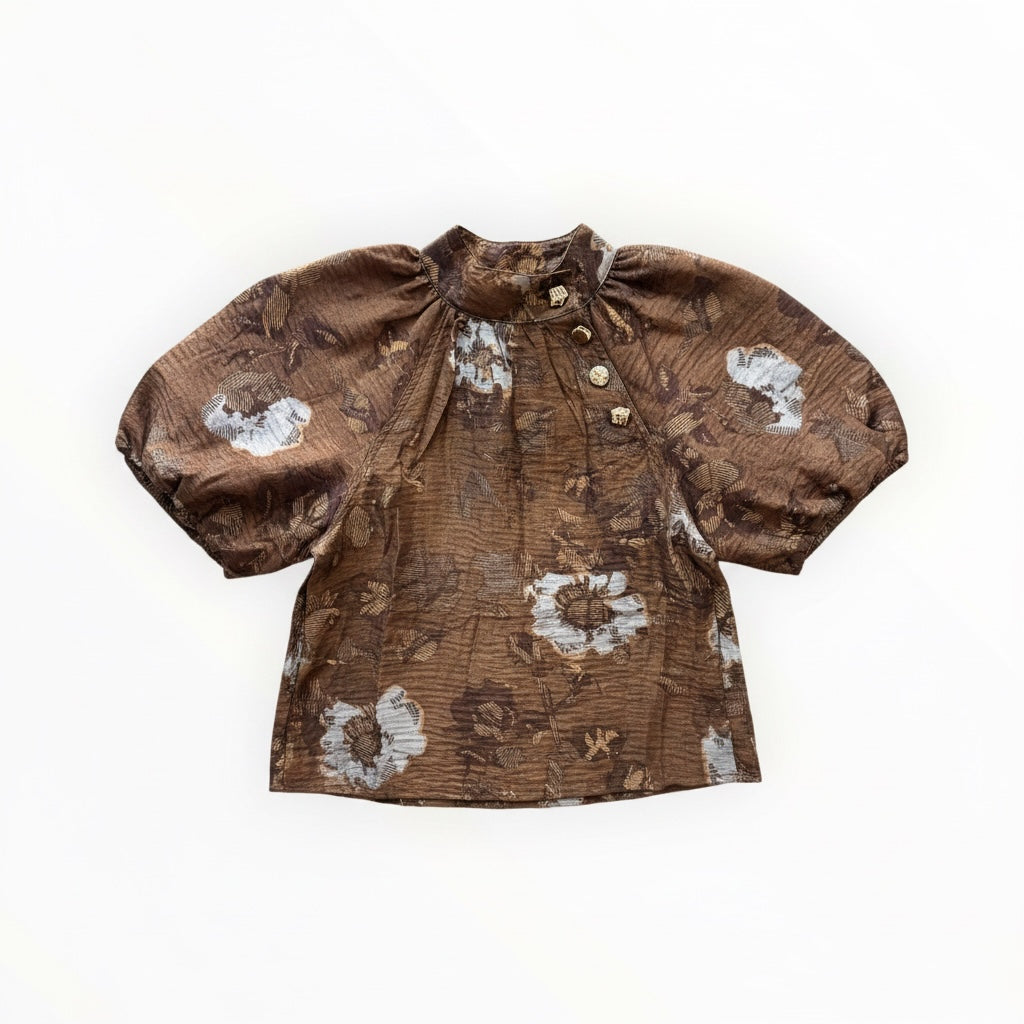 Textured Floral Puff Sleeve Top- Brown