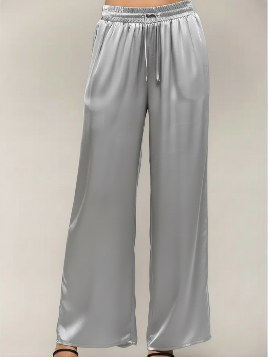 Drawstring Waist Tie Satin Wide Leg Pants- Grey