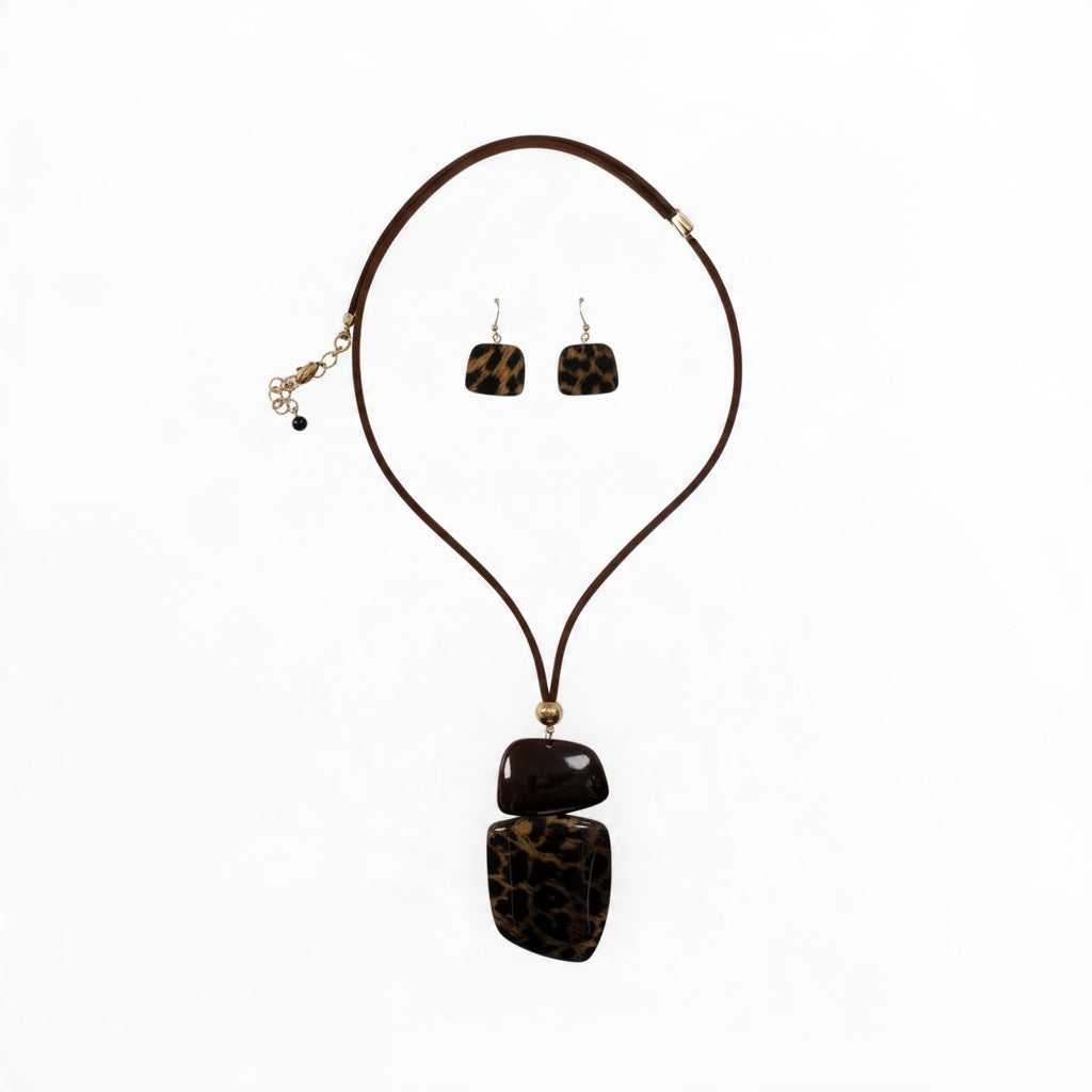 Double Stone Cheetah Print Necklace w/ Earrings