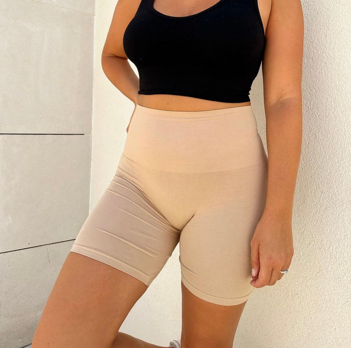 High Waist Curvy Bike Shorts- Tan