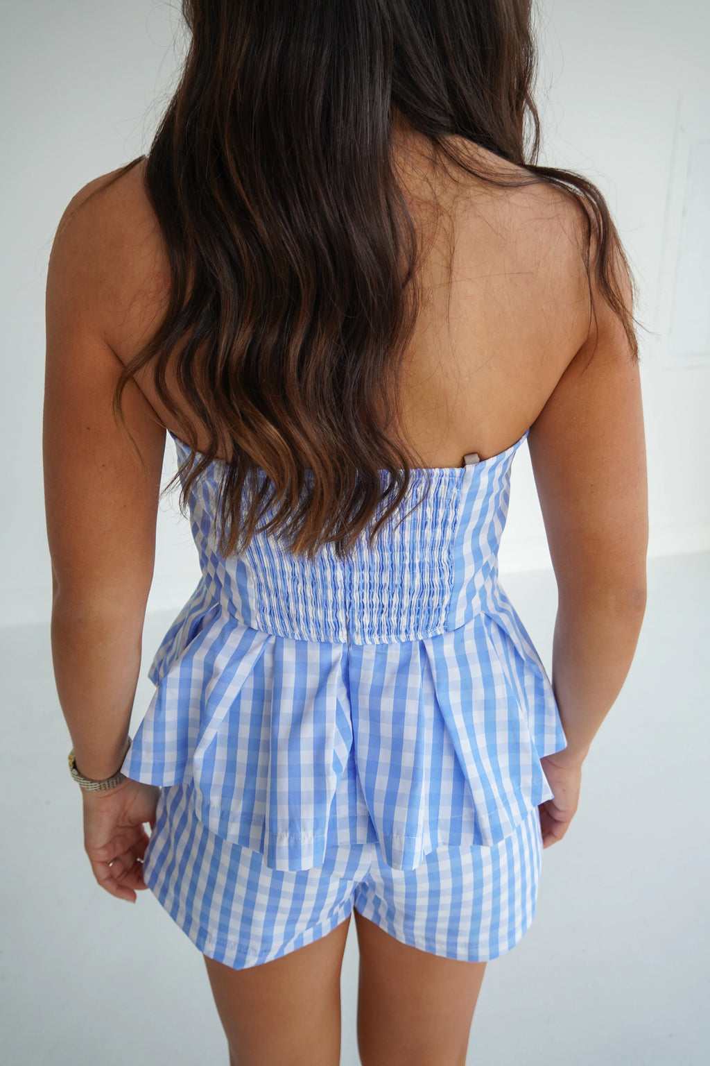 Gingham Print Flared Peplum Hem Tube Top- Blue
