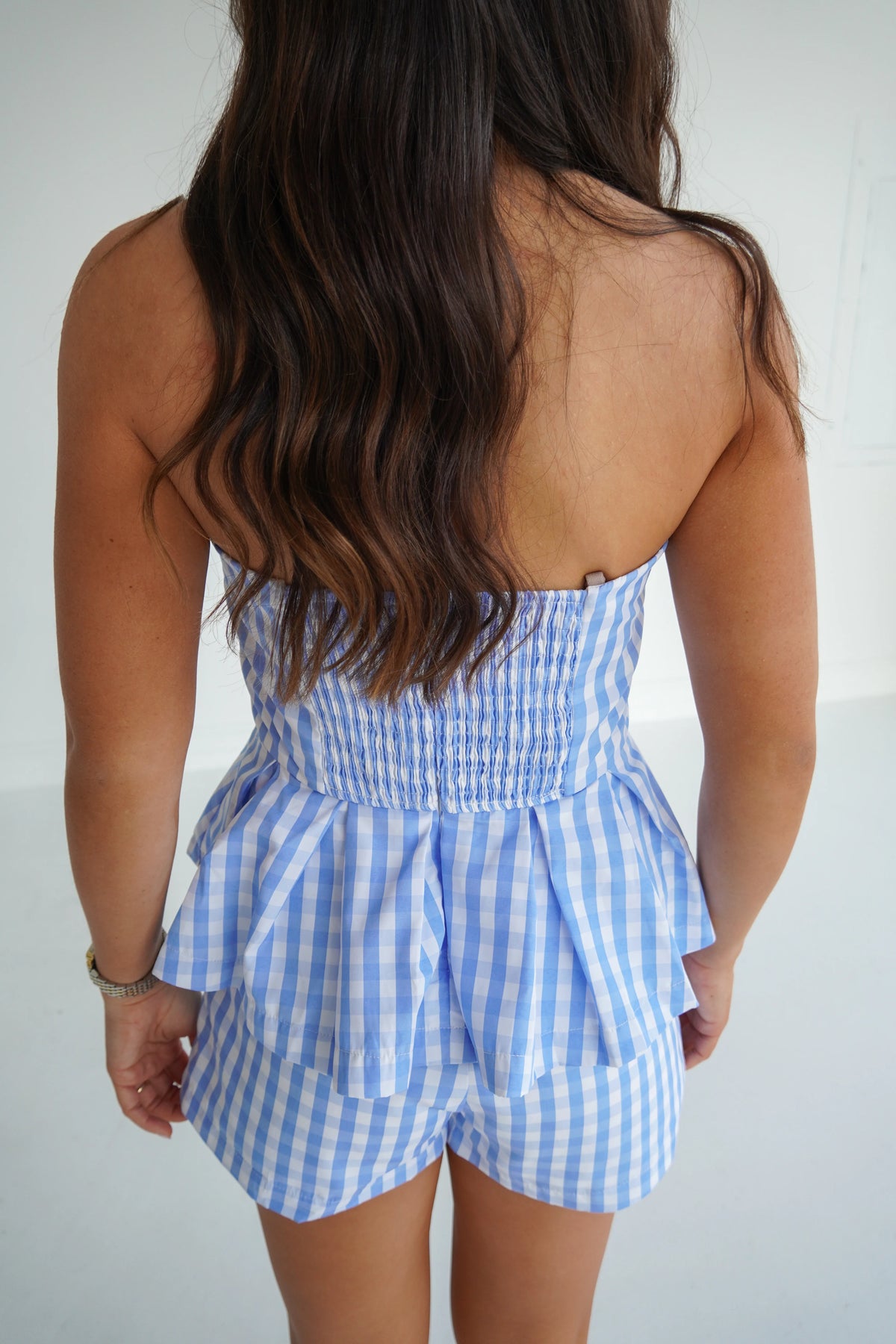 Gingham Print Flared Peplum Hem Tube Top- Blue