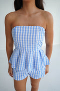 Gingham Print Flared Peplum Hem Tube Top- Blue