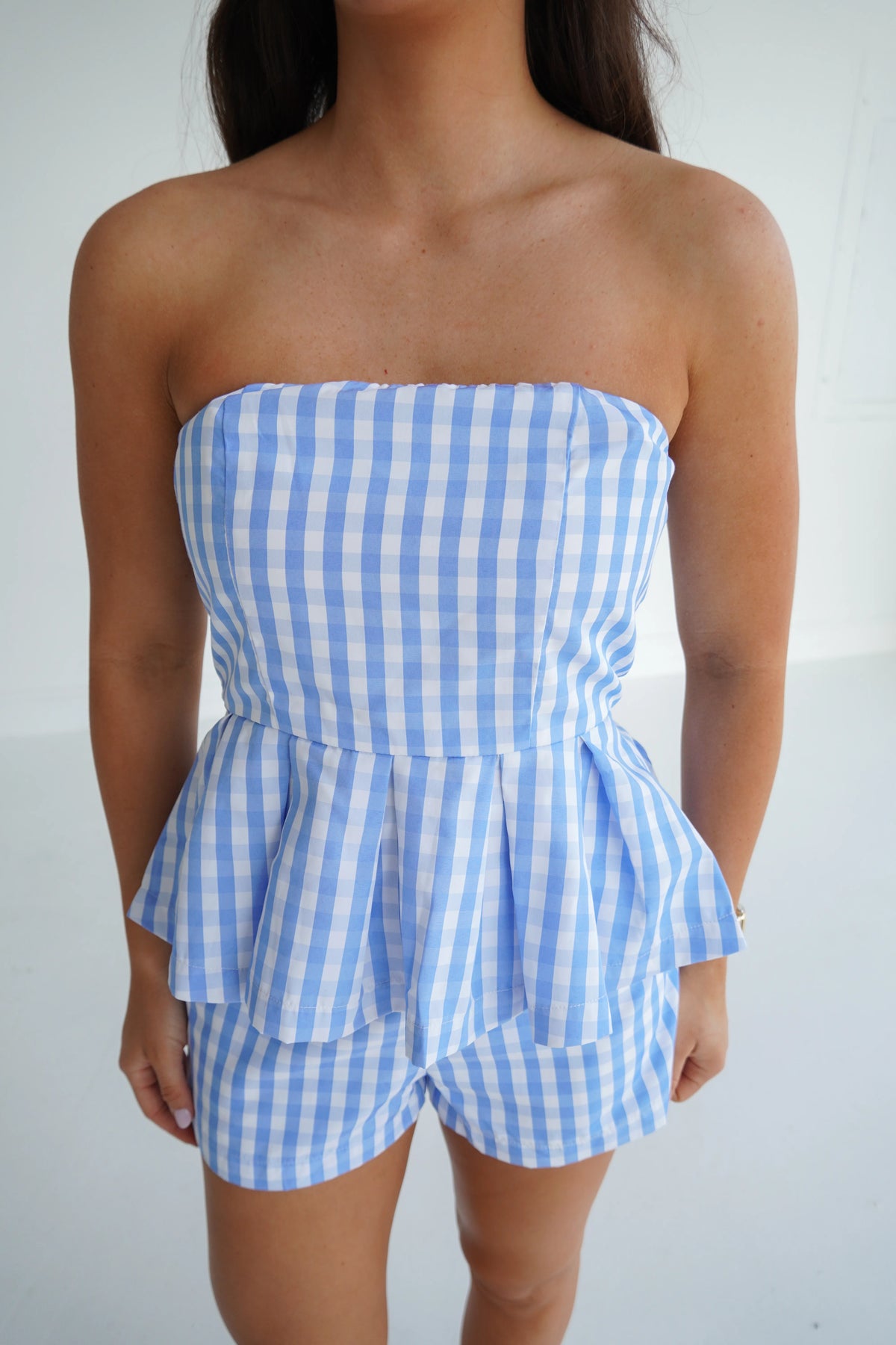 Gingham Print Flared Peplum Hem Tube Top- Blue