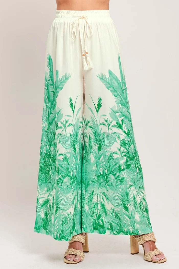Tropical Flowy Pant- Ivory/Green