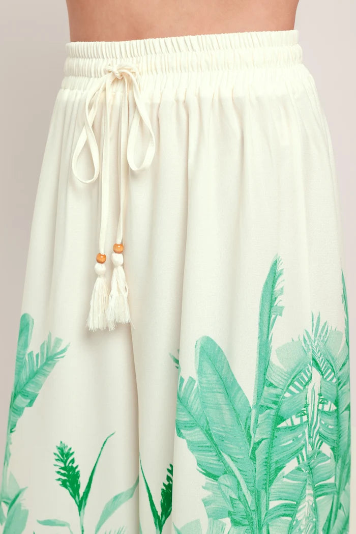 Tropical Flowy Pant- Ivory/Green