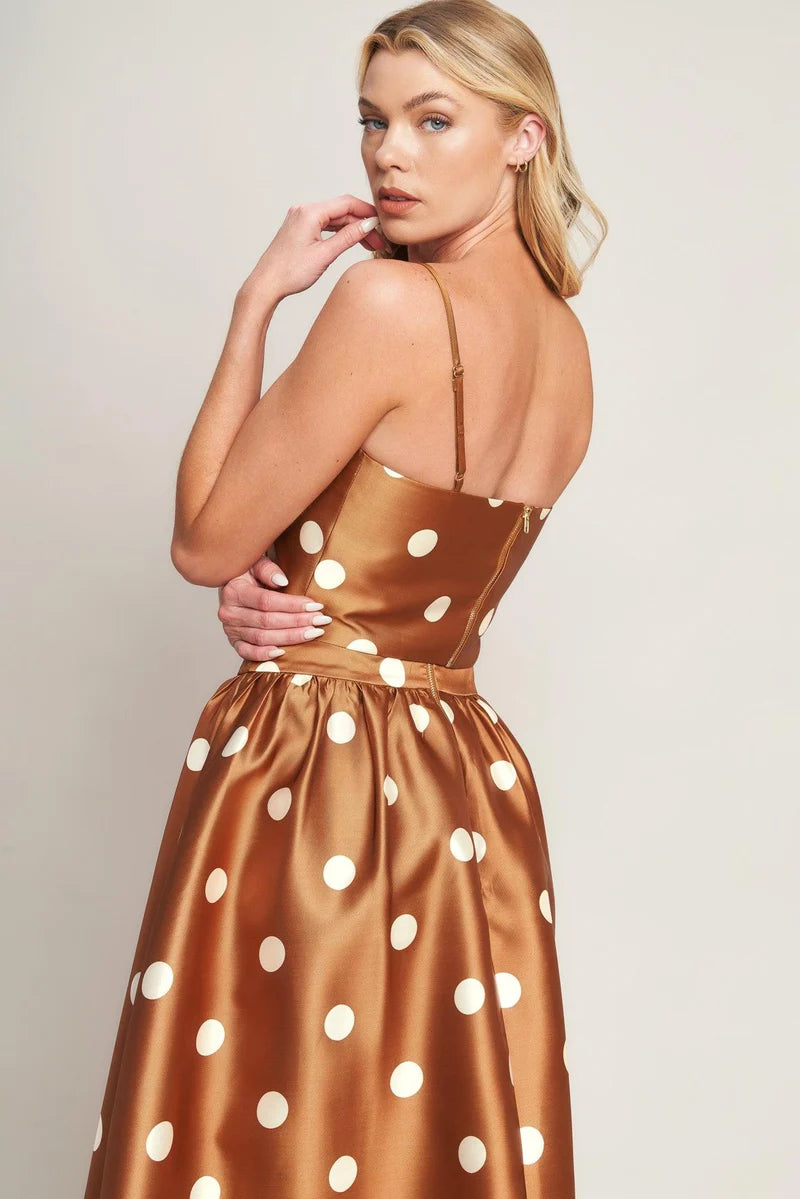 Polka Dot 2 Piece Set with Maxi Skirt- Caramel