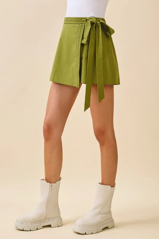 Wrap Front Braided Trim Detail Self Tie Skort- Green