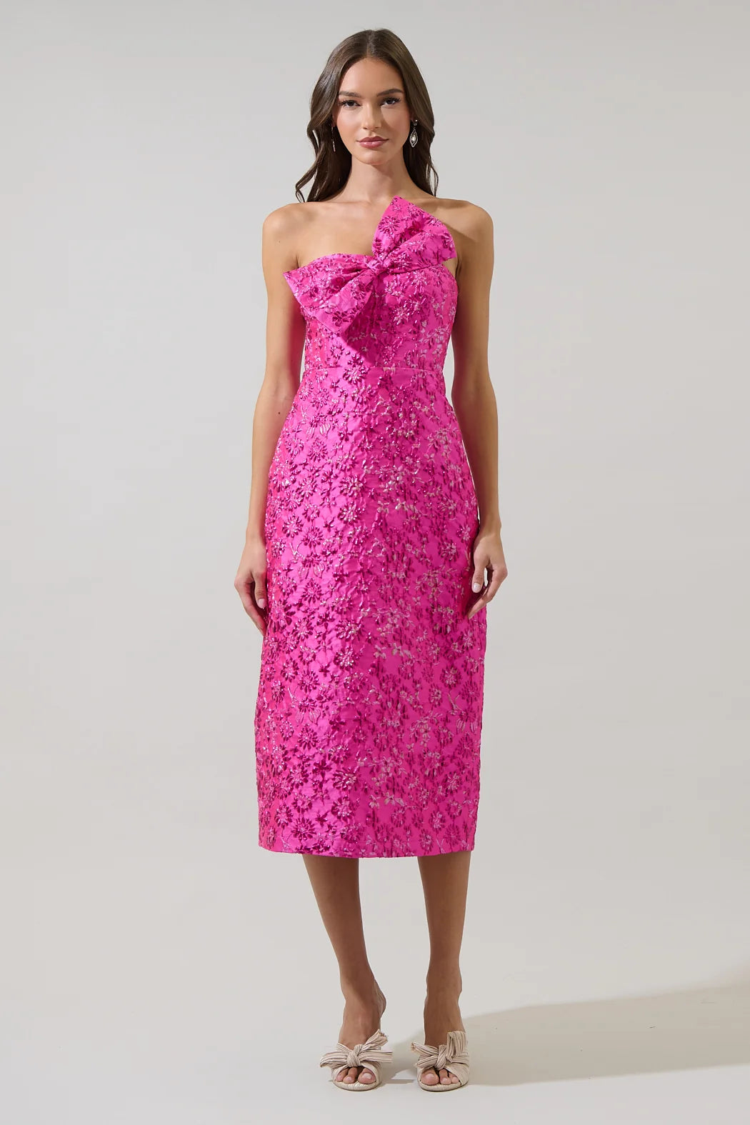 Harrington Jacquard Lola Bow Strapless Midi Dress- Fuchsia
