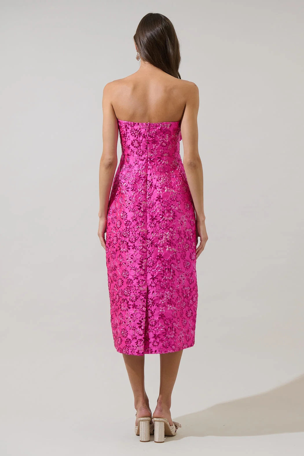 Harrington Jacquard Lola Bow Strapless Midi Dress- Fuchsia