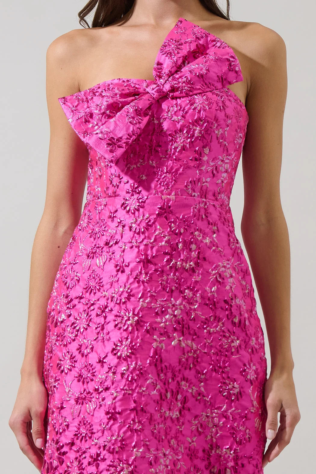 Harrington Jacquard Lola Bow Strapless Midi Dress- Fuchsia