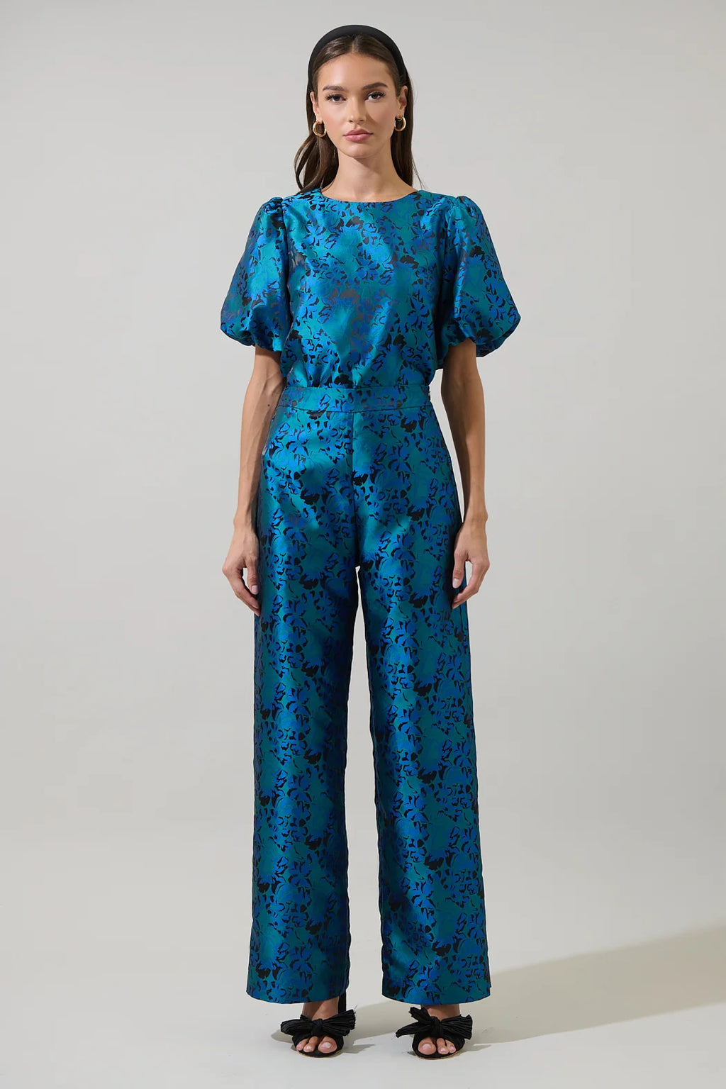 Farrah Jacquard Lunete Wide Leg Pants- Blue/Black