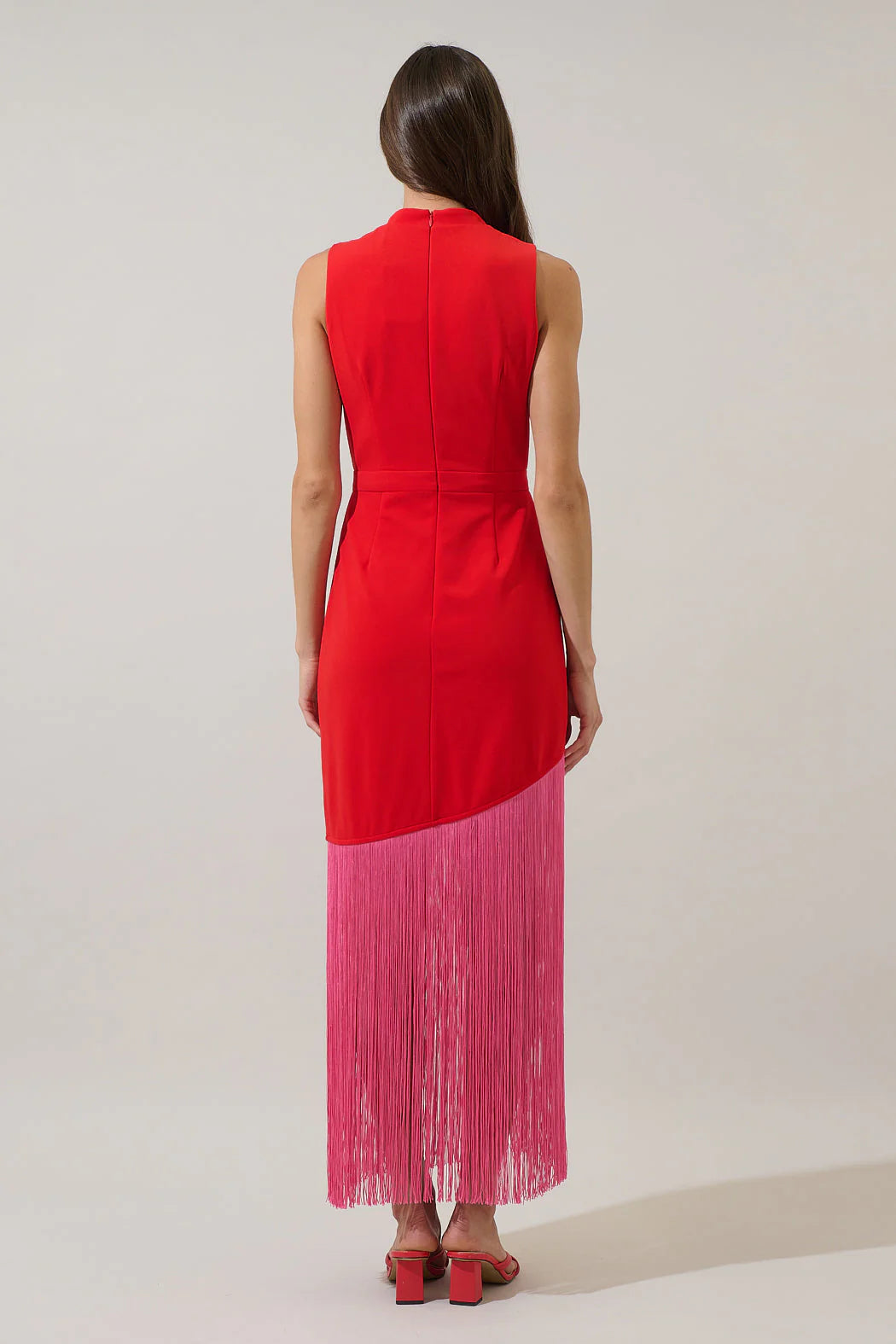 Gigi Fringe Sleeveless Maxi Dress- Red/Pink