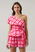 Darvy Checker Gris One Shoulder Top- Pink/Red