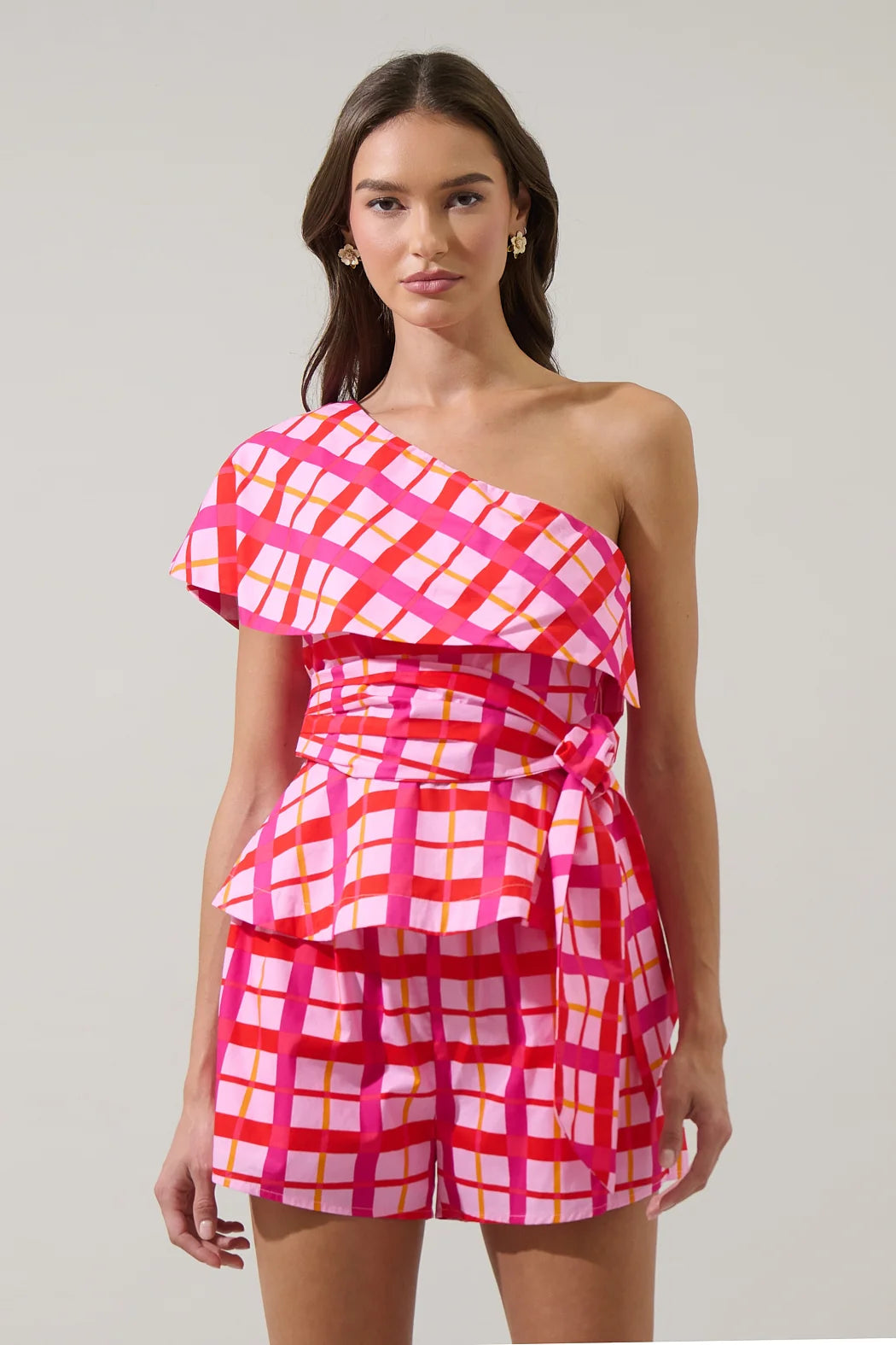 Darvy Checker Gris One Shoulder Top- Pink/Red