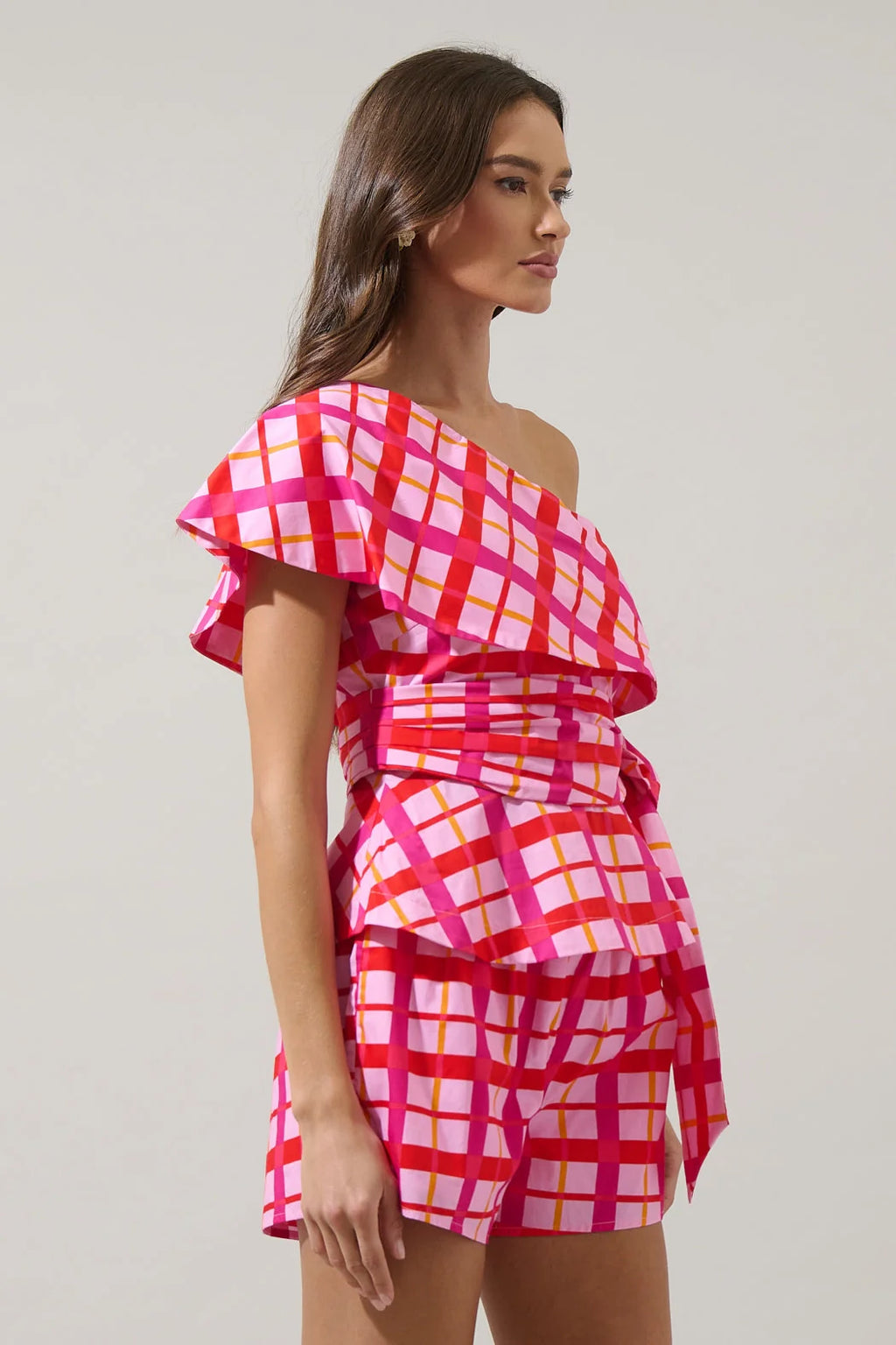 Darvy Checker Gris One Shoulder Top- Pink/Red