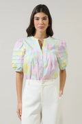 Brisa Floral Court Button Down Top- Light Blue/Pink