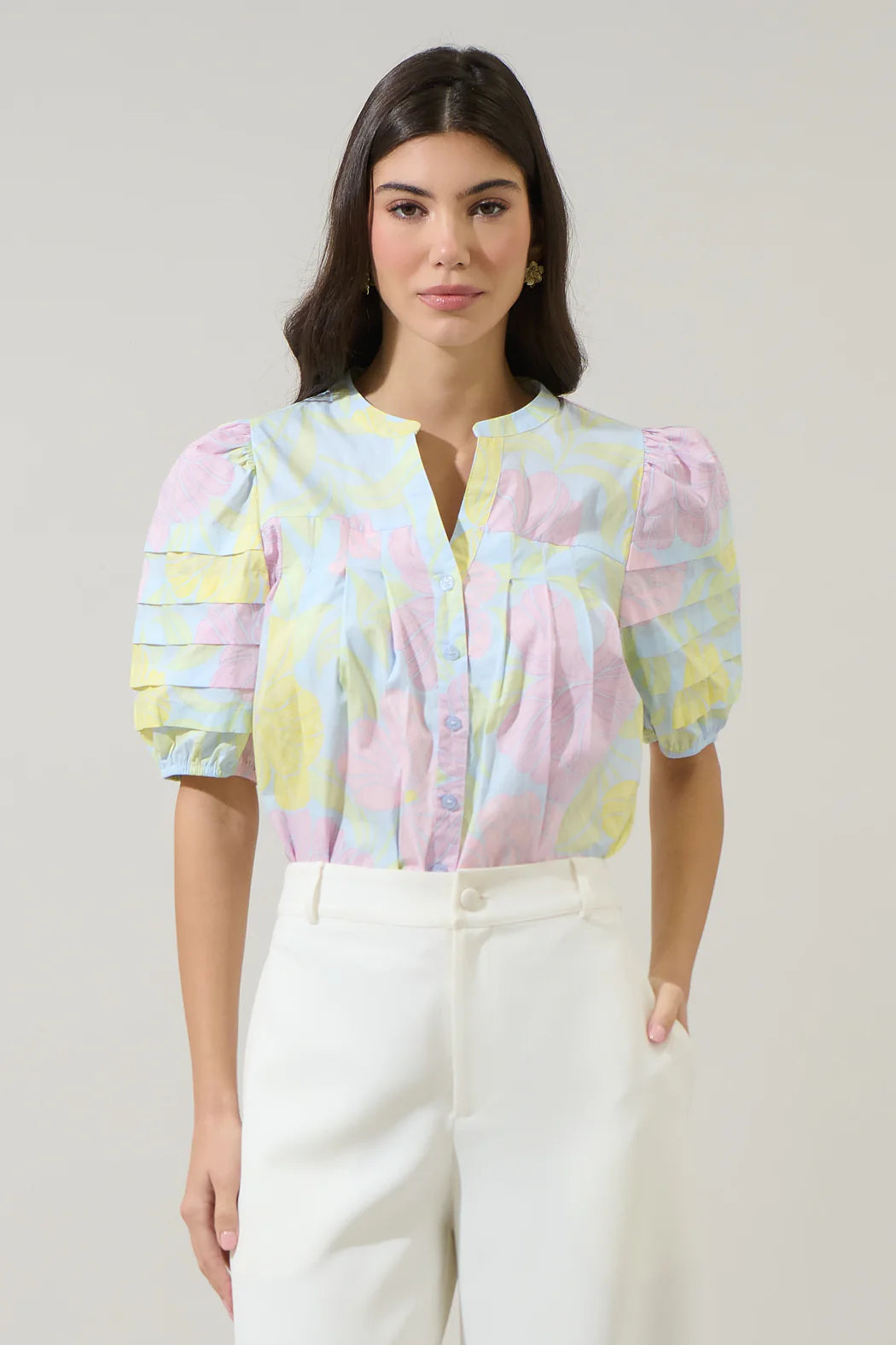 Brisa Floral Court Button Down Top- Light Blue/Pink