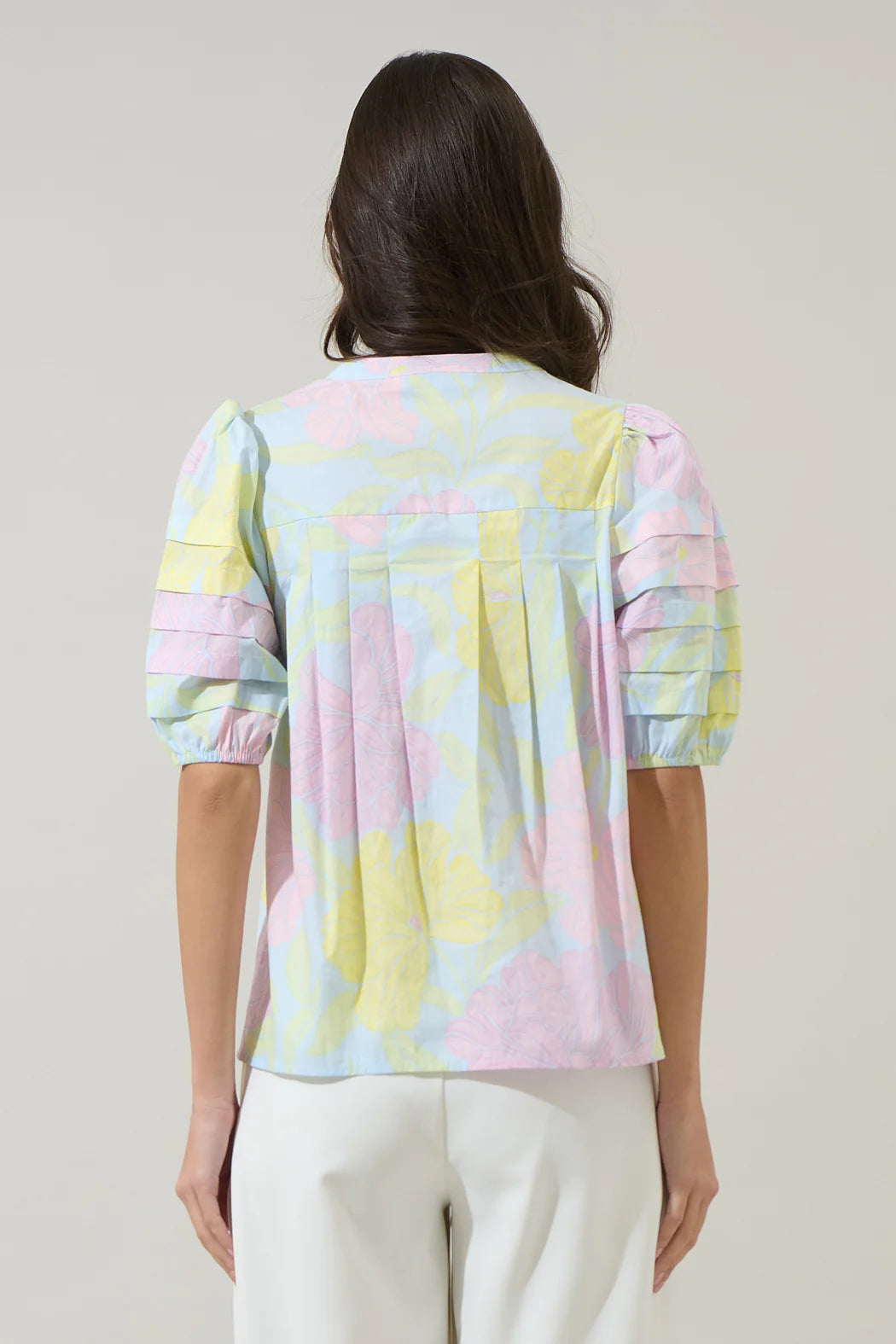 Brisa Floral Court Button Down Top- Light Blue/Pink