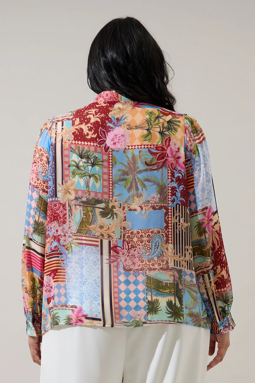 Melani Tropical Marta Long Sleeve Collared Blouse