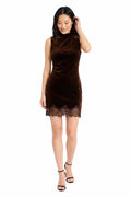 The Kai Velvet Lace-Trim Mini Dress- Brown