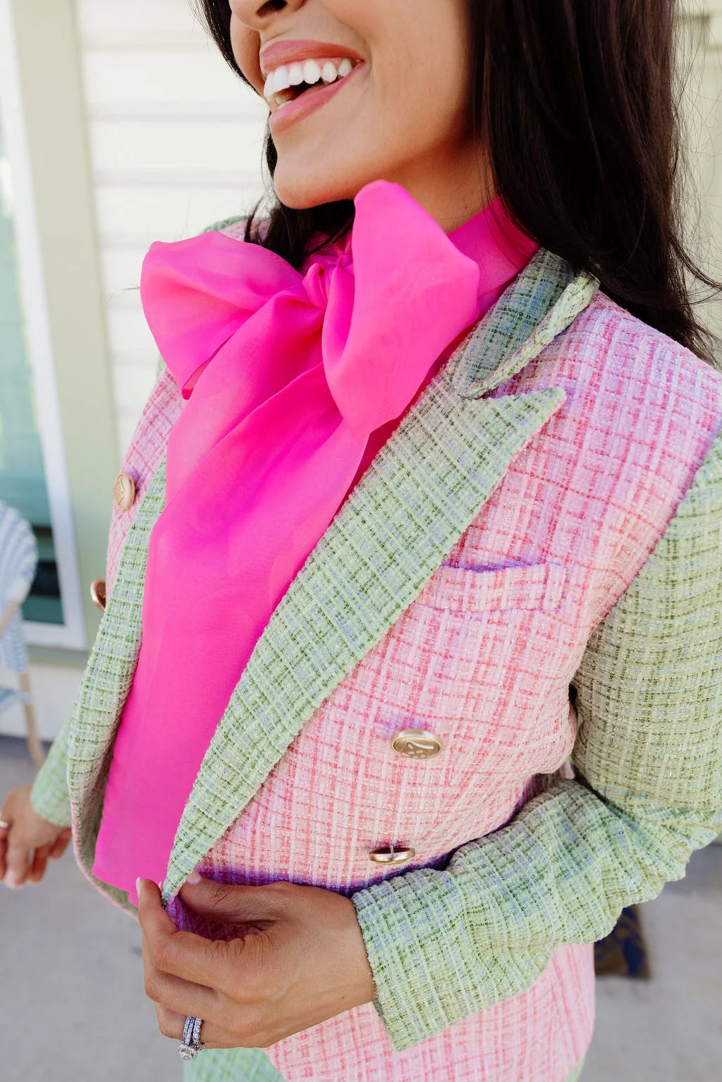 Colorblock Tweed Blazer- Pink/Green