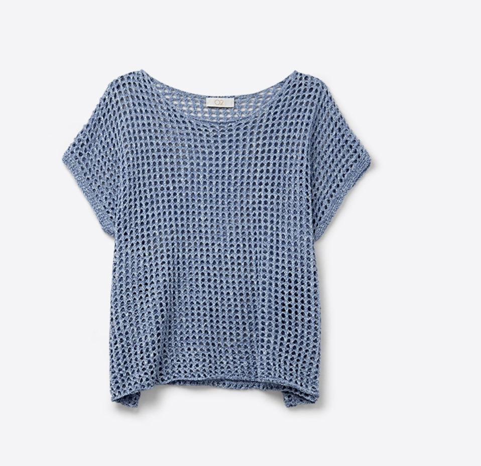 Open-Knit Dropped Short-Sleeved Top- Blue