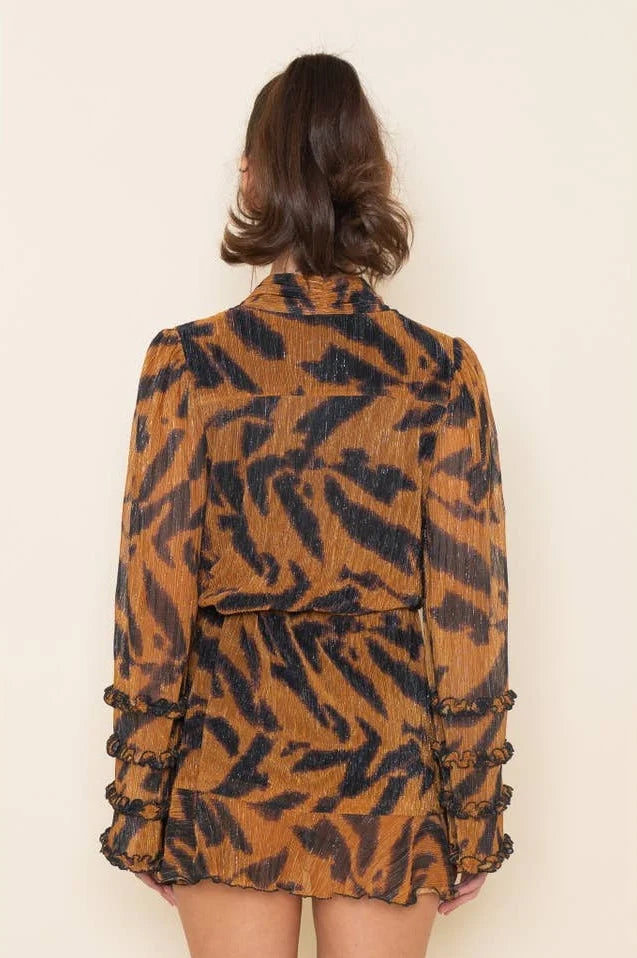 Tiger Ruffle Tie Dress- Gold/Black