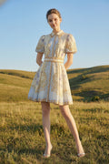 Floral Button Down Belted Mini Dress- Blue/Ivory